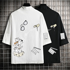 HF59115-P40风汉服男开衫外套七分袖道袍网格挂拍，男装民族服装，电商A040A