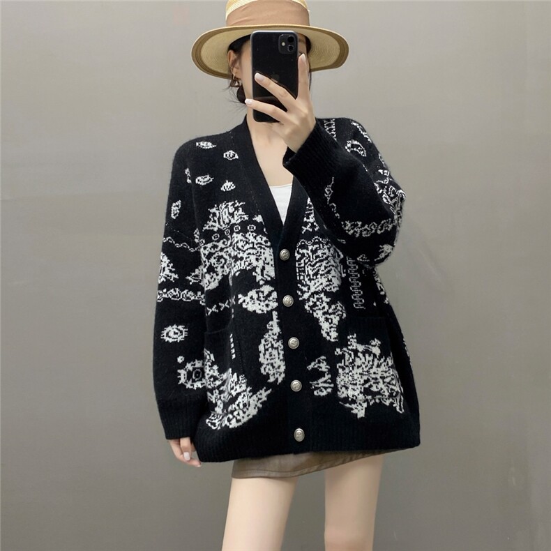 HE|重工撞色抽象主义加厚baby山羊绒针织开衫女V领中长款外套,针织衫/毛衣,国旺羊绒