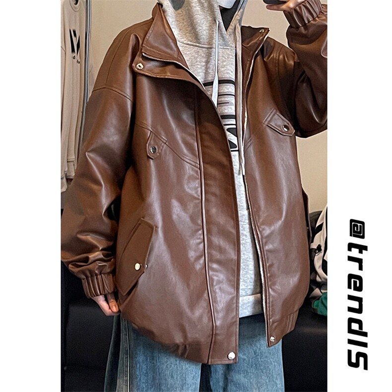 2025春季新款内景自拍大码立领帅气皮衣夹克M-5XHJ23685-特P70，男装皮衣，电商A022