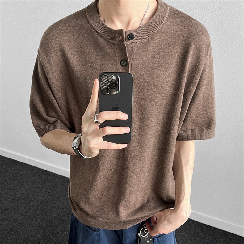 美潮亨利领针织短袖t恤男韩版宽松纯色打底衫男士半袖衣服,男装T恤,星座914