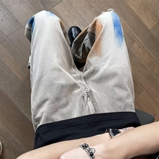 黄泥色水洗牛仔裤破洞潮ins高街男女vibe扎染裤子潮牌直筒裤AK002，男装牛仔裤，星座601-2