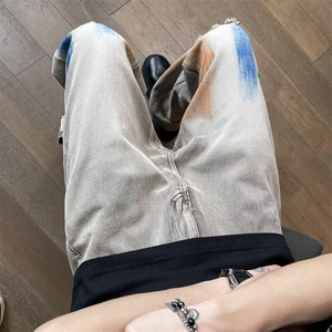 黄泥色水洗牛仔裤破洞潮ins高街男女vibe扎染裤子潮牌直筒裤AK002图片