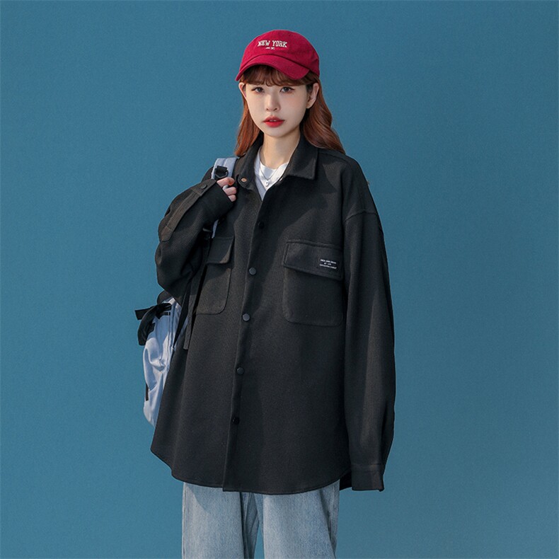 中性风华夫格工装衬衫女大码M-5XL情侣衬衣女长袖衬衫女CS7754P45,男装衬衫,星座227-7