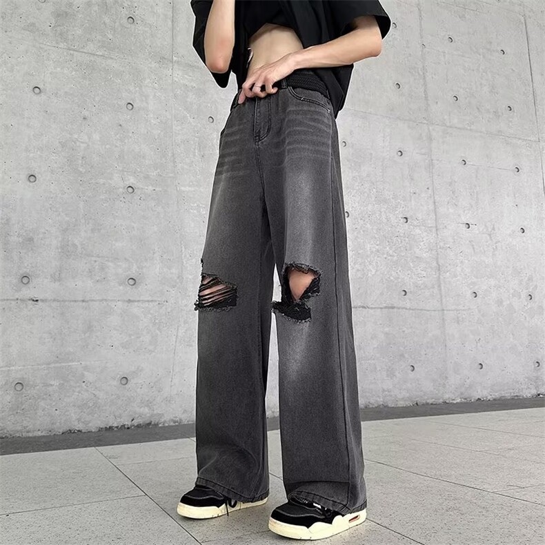 美式高级感破洞牛仔裤男女oversize直筒宽松情侣裤子ins潮-N6632,男装牛仔裤,星座601-2