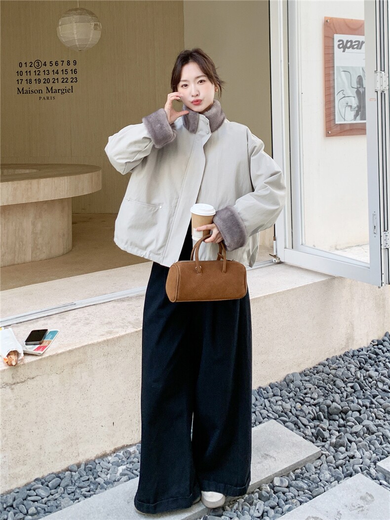 率性简约风毛绒拼接羽绒服女2025冬新款休闲气质防风立领羽绒外套,女装羽绒服,艾米莉亚