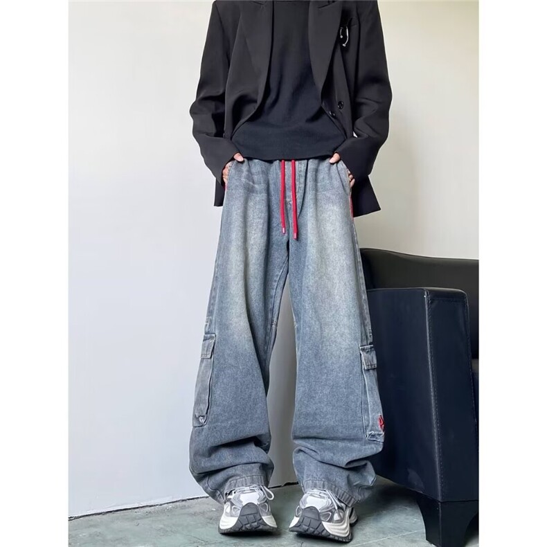 高街牛仔裤男女韩版潮流痞帅口袋条纹拼色2024秋冬长裤RK2176-P59,男装牛仔裤,星座412-2