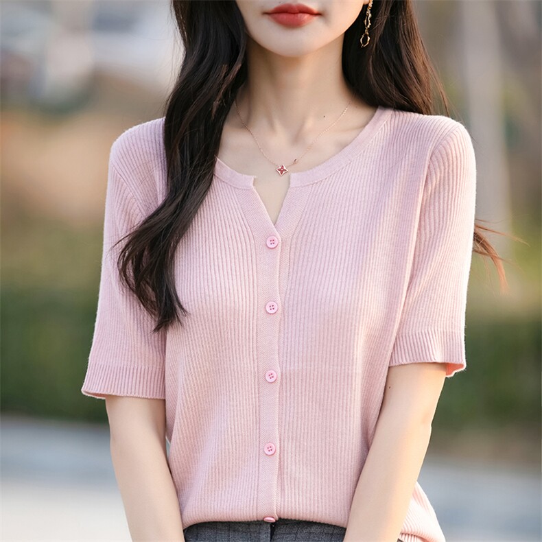 新款韩标丝羊毛精纺抽条短袖简约大方又时尚XY,女装T恤,佳绒包芯纱店