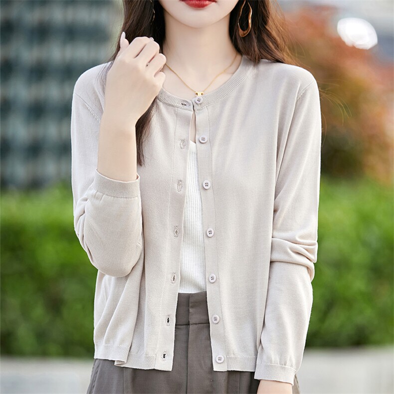 薄款莱赛尔天丝针织开衫女圆领透气防晒外套气质百搭空调衫，女装针织衫/毛衣，越洋羊