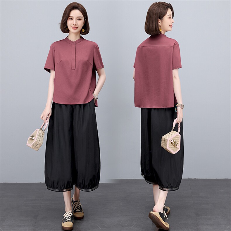 黑色冰丝阔腿裤子女夏季新款宽松八分休闲裤小个子妈妈显瘦灯笼裤，女装套装/套裙，阿丹