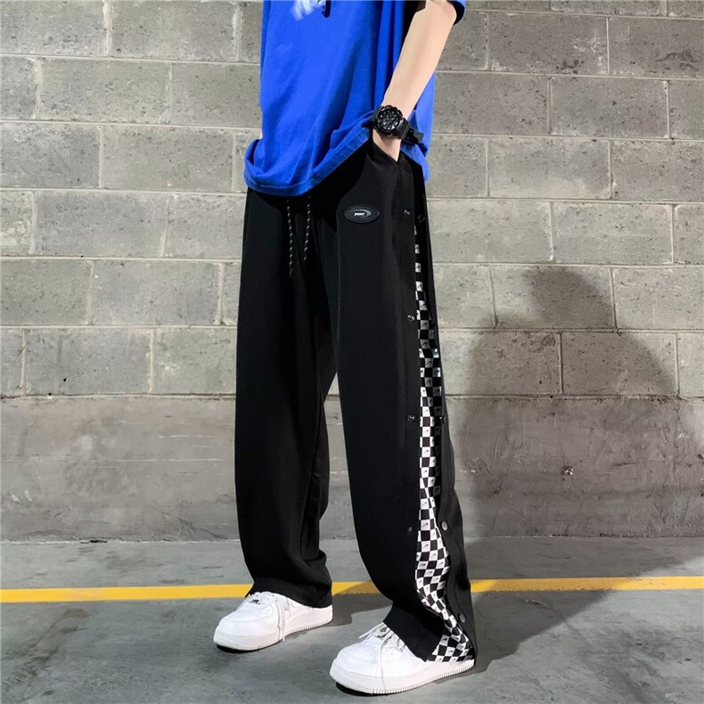 新款裤子男棋盘格侧边排扣运动休闲宽松直筒卫裤潮流休闲长裤,男装休闲裤,星座506A