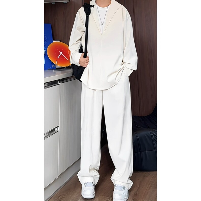 新款长袖V领假两件POLO衬衫长裤套装男休闲风痞帅垂感纯色老钱风，男装Polo衫，星座1210-1