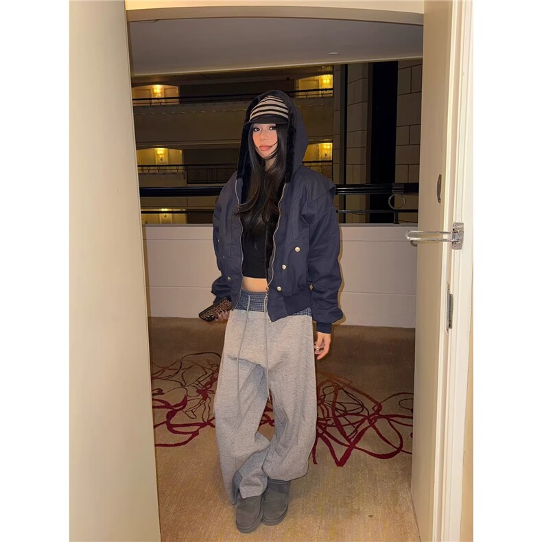 美式复古设计感拼接格子阔腿休闲裤男女宽松显瘦百搭垂感长裤,男装休闲裤,四季星座505