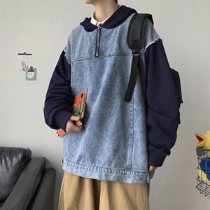 秋港风假两件卫衣拼牛仔连帽夹克外套休闲宽松百搭工装H201/P70,男装夹克,钱塘713