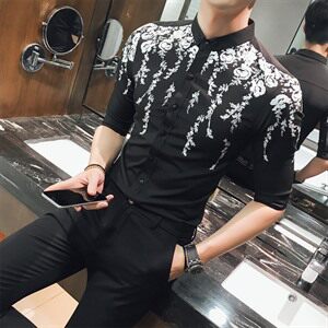 修身型 印花 青年 夏季 休闲 常规 青春流行 2021年 尖领 潮 七分袖 简约  衬衫图片