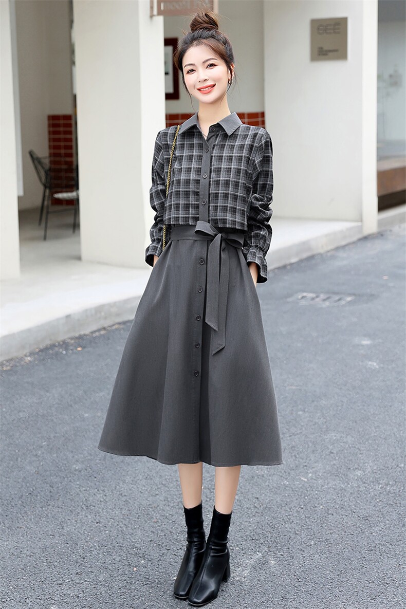 格子衬衫连衣裙女2025春装新款时尚高级感气质女神范假两件套裙子,女装套装/套裙,关键词