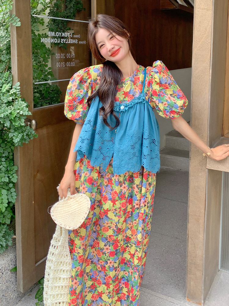泡泡袖碎花马甲连衣裙女夏2025新款浪漫小众设计感两件套爆款流行,女装套装/套裙,浙宝220