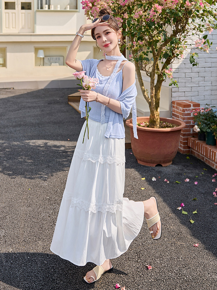 官方时尚套装女2025年夏季新款吊带开衫白色半身裙三件套,女装套装/套裙,韩美纤衣