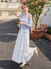 官方时尚套装女2025年夏季新款吊带开衫白色半身裙三件套，女装套装/套裙，韩美纤衣