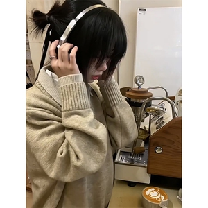 重磅北极绒假两件衬衫领毛衣美式高街复古休闲慵懒纯色翻领针织衫图片