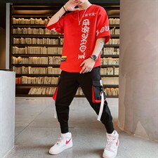 夏季新款潮流韩版宽松休闲帅气T恤青少年时尚套装男装F173P75，男装休闲套装，电商A086