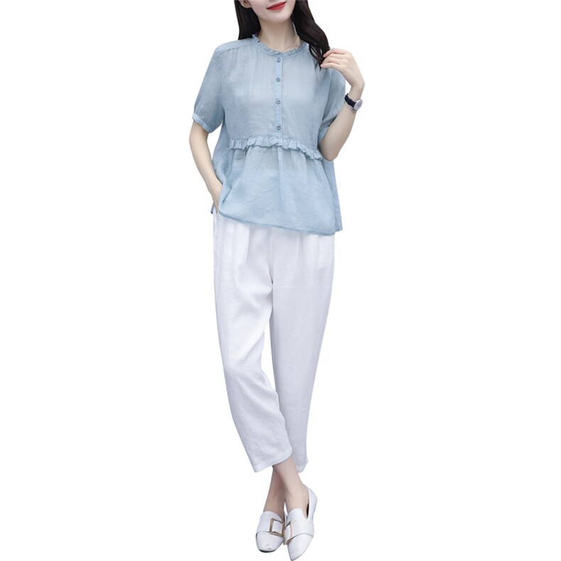 棉麻套装女装2025年夏季新款大码显瘦洋气时尚休闲亚麻两件套裤潮,女装套装/套裙,凝聚力