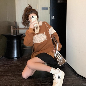 美式复古刺绣套头卫衣男女秋季新款撞色设计感小众宽松短款上衣潮图片