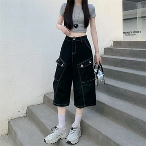 明线牛仔短裤女夏季新款美式多口袋裤子宽松阔腿七分裤图片