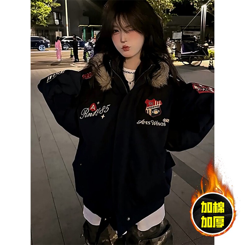现货高品质美式高街重磅刺绣座山雕大毛毛领棉衣男女加厚棉服外套,男装棉衣,电商A486