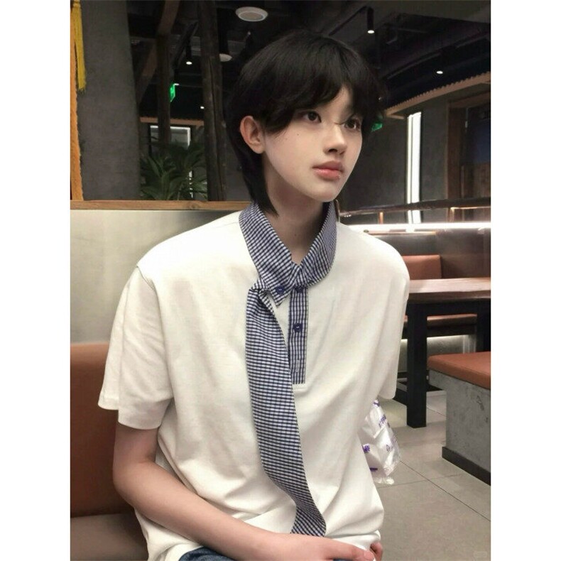 DXY247LL-P44美式领口拼接格子领带短袖t恤高级感痞帅半袖,男装T恤,星座1007（原301D）