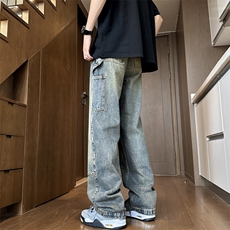 美式复古水洗牛仔裤男高街拼接阔腿裤子宽松直筒休闲裤，男装牛仔裤，星座410-6（原星座1304-1）