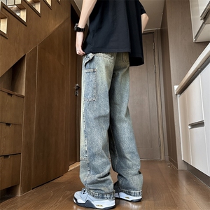 美式复古水洗牛仔裤男高街拼接阔腿裤子宽松直筒休闲裤图片