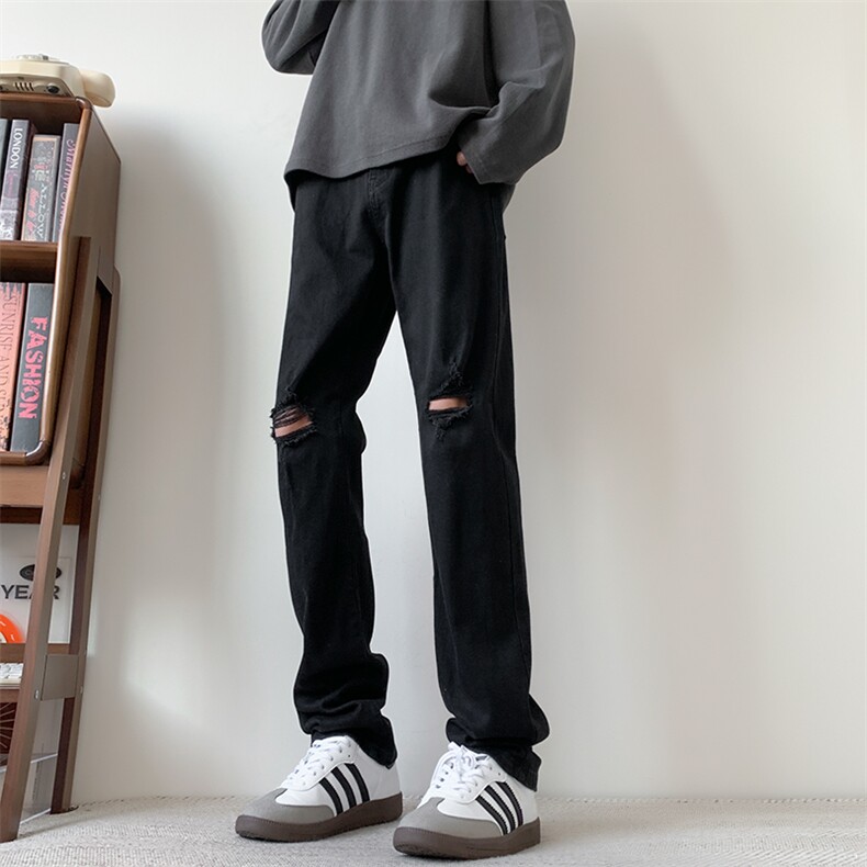 现货纯黑色破洞弹力加大码直筒牛仔裤310A-2BK302P50控78,男装牛仔裤,星座310A-2