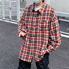 美式街头复古格子长袖衬衫男潮牌嘻哈刺绣宽松休闲百搭衬衣，男装衬衫，星座716-3