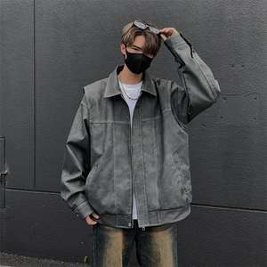 港风高街痞帅男装外套美式短款潮牌工装皮衣夹克DSA157B-J232-P90图片