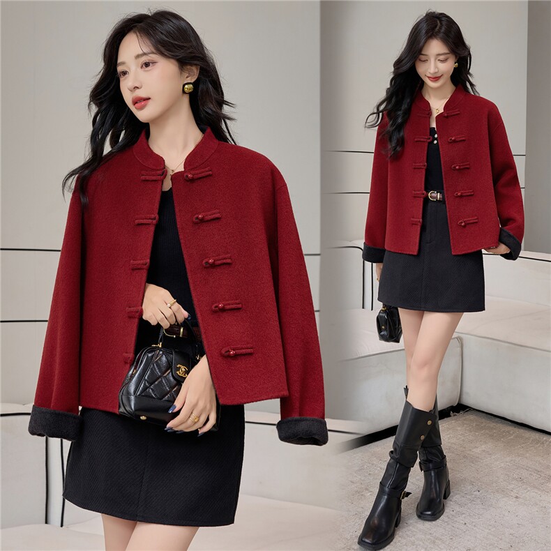 新中式盘扣短款双面羊绒大衣女25秋冬新款小个子红色羊毛呢外套，女装双面呢大衣，小荷流