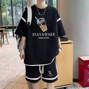 网络图时尚运动t恤套装男款夏季短袖短裤两件套潮牌休闲一套搭配