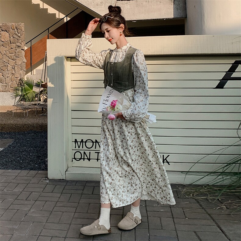 春季新款碎花牛仔拼接泡泡袖长连衣裙,女装连衣裙,来米儿