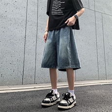 V078-P42美式水洗弯刀牛仔短裤男女夏季宽松阔腿中裤五分裤子，男装牛仔裤，星座911-1