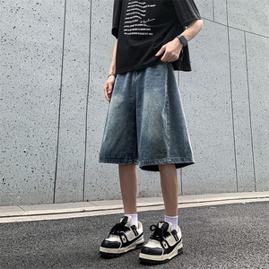 V078-P42 美式水洗弯刀牛仔短裤男女夏季宽松阔腿中裤五分裤子图片