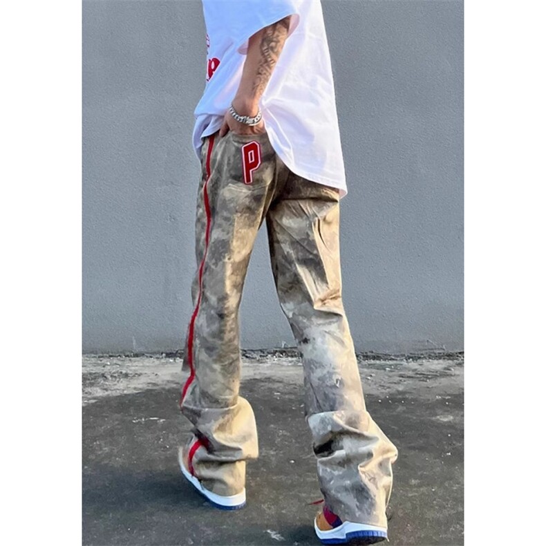 WE1595-P44街头迷彩牛仔裤男ins潮宽松直筒hiphop拉链开叉休闲,男装牛仔裤,电商B323A