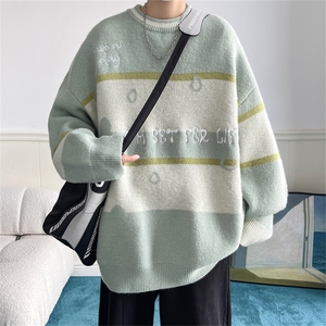 M8161/P65冬季美式时尚撞色条纹圆领?袖毛衣宽松休闲男女bf图片