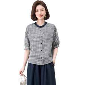 小个子格子圆领衫女夏季韩版休闲宽松年轻款妈妈薄款衬衫上衣潮图片