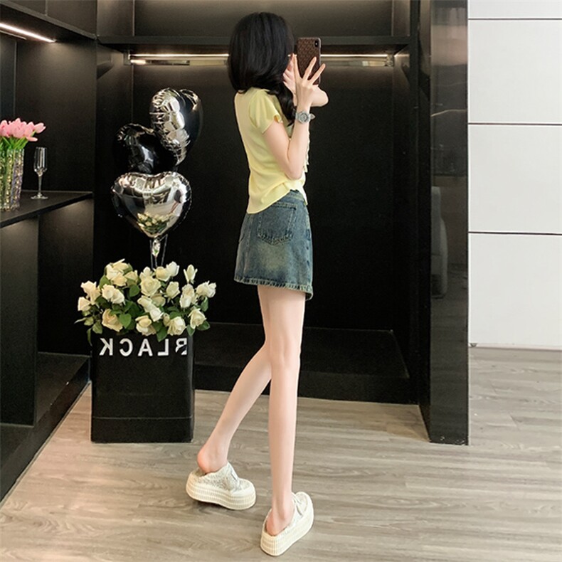 慵懒风时尚套装裙女夏季新款蕾丝拼接蝴蝶结针织衫牛仔短裙两件套,女装套装/套裙,江南