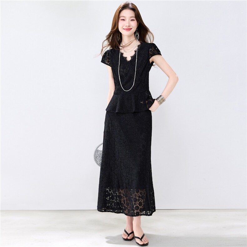 夏季新款现货！2026洋气优雅淑女风v领荷叶边显瘦气质两件套裙女,女装套装/套裙,宝儿家