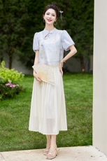 新中式国风套装裙子女夏季小个子日常可穿改良旗袍汉服禅意两件套，女装套装/套裙，丽美静依
