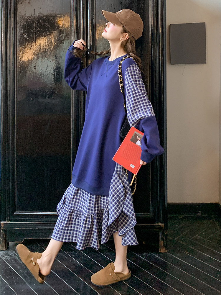 假两件格子拼接卫衣裙女2025年春季新款韩系流行减龄超好看连衣裙,女装连衣裙,浙宝276（原081）