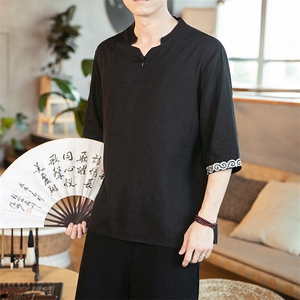 中国风夏季新款竹节亚麻棉麻V领刺绣T恤大码云纹仙气短袖T732图片
