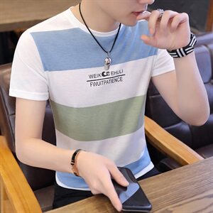 夏季休闲T恤男五分袖短袖男圆领卫衣彩色多线条纹绿T9510图片