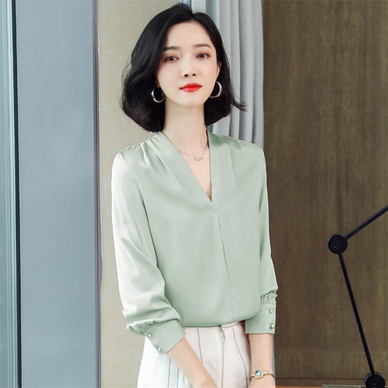 白色真丝衬衫女长袖时尚洋气V领大牌重磅桑蚕丝上衣2024秋季新款,女装衬衫,阿舍尔精品
