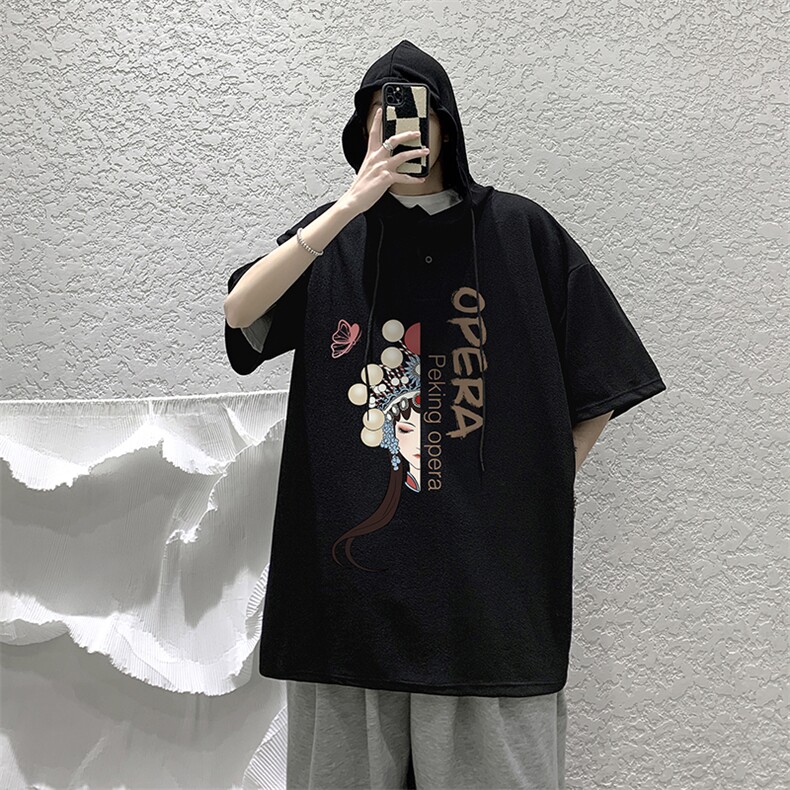 LD54161-P45连帽短袖t恤男大码胖子带帽五分袖中袖大皂风,男装T恤,电商A040